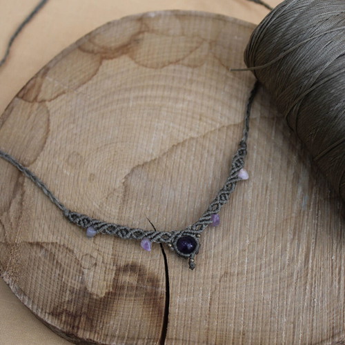 Macrame necklace khaki with amethyst and bronze beads new