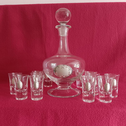Liqueur decanter and 12 glasses crystal with silver decoration like new