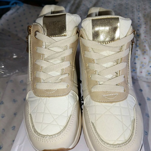 Sneakers flatform with heel beige/white and gold glitter new