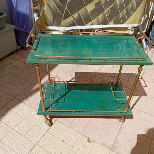 Vintage bar cart with brass details, green