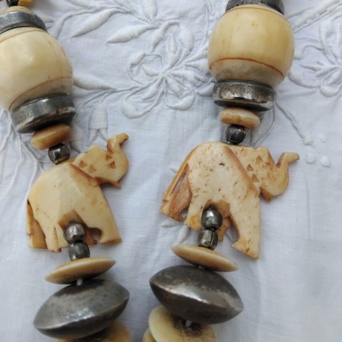 Vintage Ethnic Boho Necklace carved from bovine bone, used