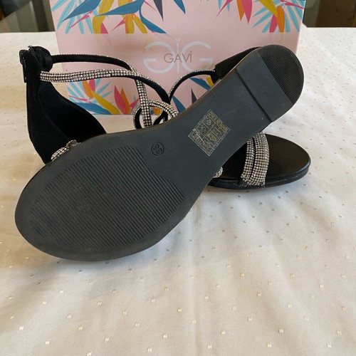 Gavi flat sandals new with black rhinestone straps