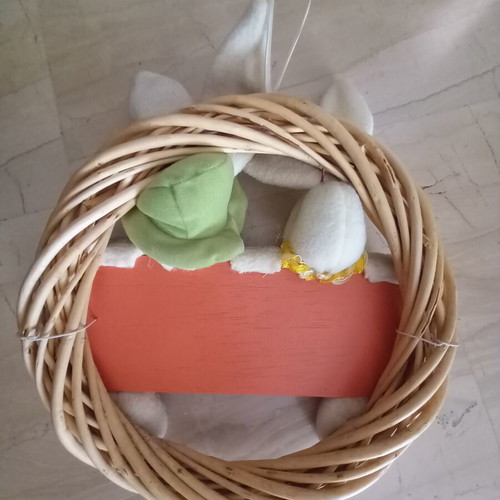 Easter Door Wreath like new with felt bunnies and wooden Welcome sign
