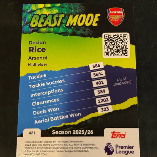 Topps Match Attax 2025-26 #421 Declan Rice Beast Mode card new