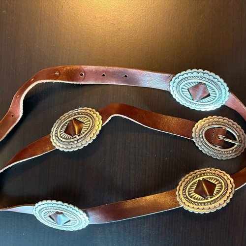 Leather belt used, women's brown with metal buckles, size 85