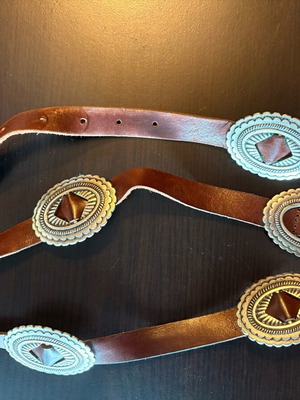 Leather belt used, women's brown with metal buckles, size 85