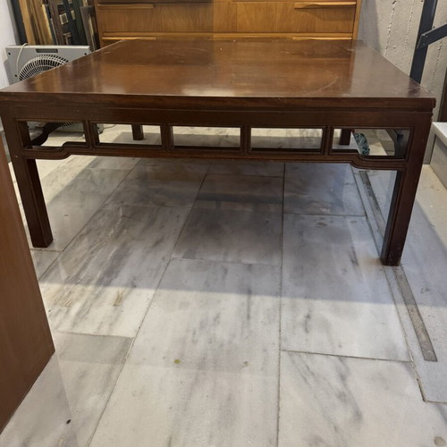 Vintage coffee table with glass used, solid wood 100x100