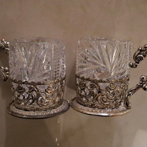 Handmade cups used, set of 2 with ornate silver-plated exterior