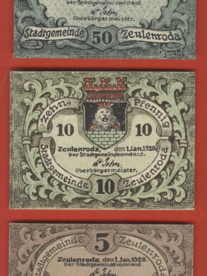 Zeulenroda Notgeld 5, 10 και 50 Pfennig 1920, πακέτο 3 τεμαχίων καινούργιο
