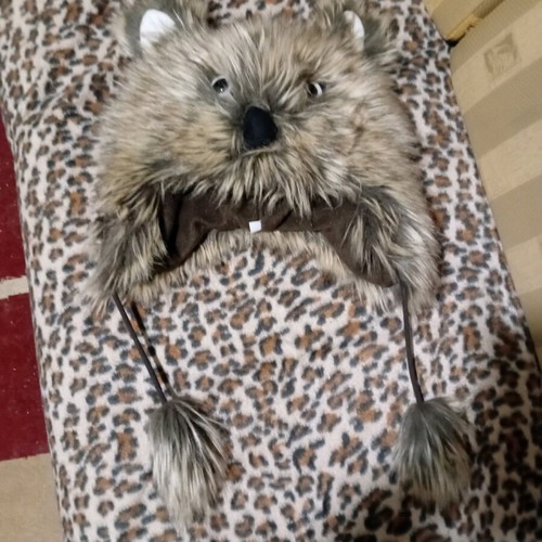 Fur wolf hat like new, size L, brown