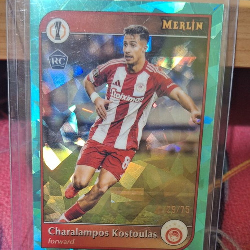 2024-25 Topps Merlin UEFA CC Charalampos Kostoulas RC Aqua Cracked Ice Refractor /75 Olympiacos
