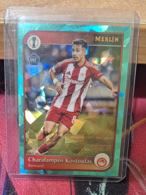 2024-25 Topps Merlin UEFA CC Charalampos Kostoulas RC Aqua Cracked Ice Refractor /75 Olympiacos