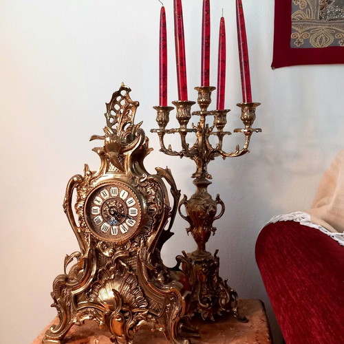 Vintage brass table clock with five-arm candlestick set like new