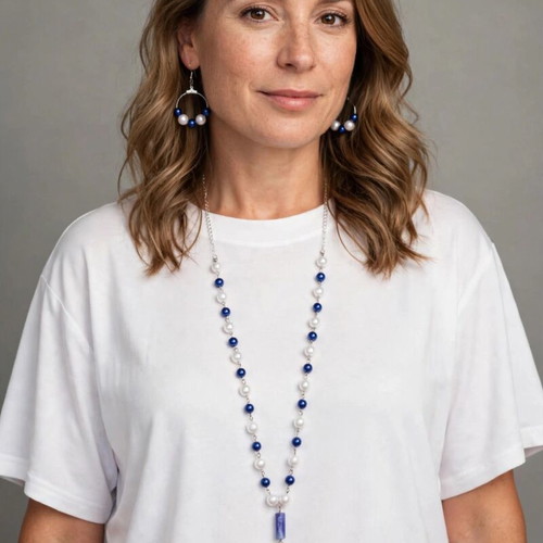 Royal Blue and White Necklace and Earrings Set new
