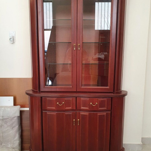 Handmade showcase cabinet with glass shelves, beech veneer MDF