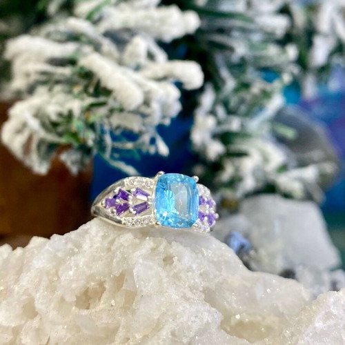 Handmade silver ring with natural aquamarine, amethyst and moissanite