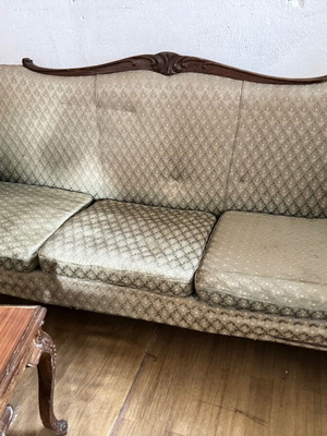 Antique handmade carved living room set used with sofa, chairs, armchairs, and tables