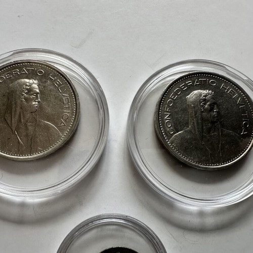 Swiss coins used, set of 3 with 5 Francs and 1/2 Franc