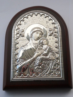 Silver-plated icon of Virgin Mary used with bronze icon gift