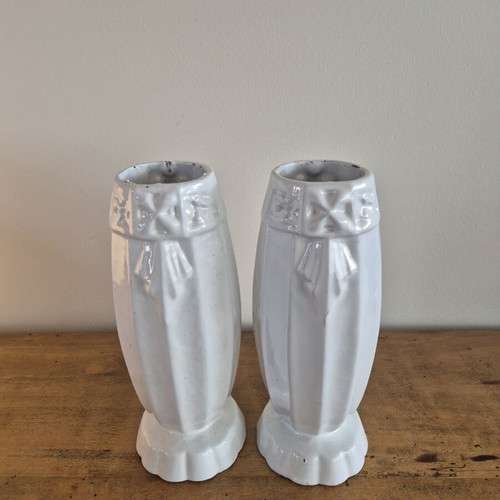 Art Deco White Enameled Cast Iron Cemetery Vases, Pair