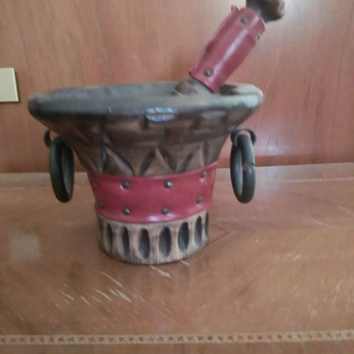 Vintage decorative set mortar and pencil holder made of wood and leather like new