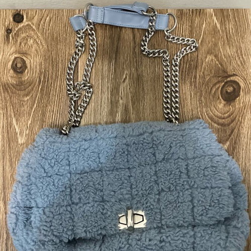 Fur bag with silver chain like new, blue and silver