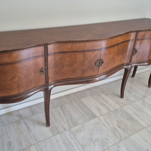 Vintage wooden sideboard 2.43m, bow-front design