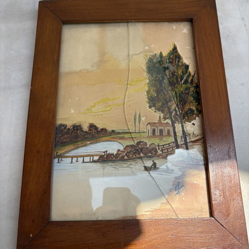 Vintage painting with wooden frame used, landscape with lake and boat