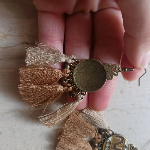 Handmade metal earrings geometric pattern and tassels new, brown
