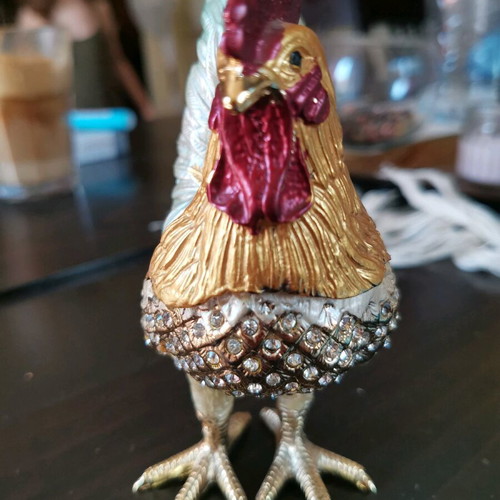 Vintage jewelry box with rooster design and Swarovski crystals used