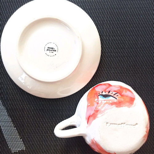 Handmade ceramic mug set Lunatique with hearts and Rice saucer