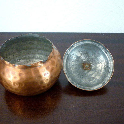 Vintage hammered bronze and copper fondue pot used