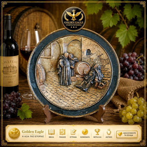 Old wall plate with wine cellar and barrel theme, possibly German
