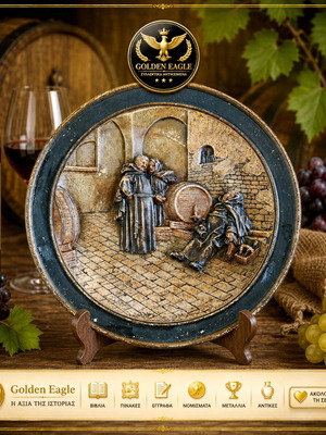 Old wall plate with wine cellar and barrel theme, possibly German