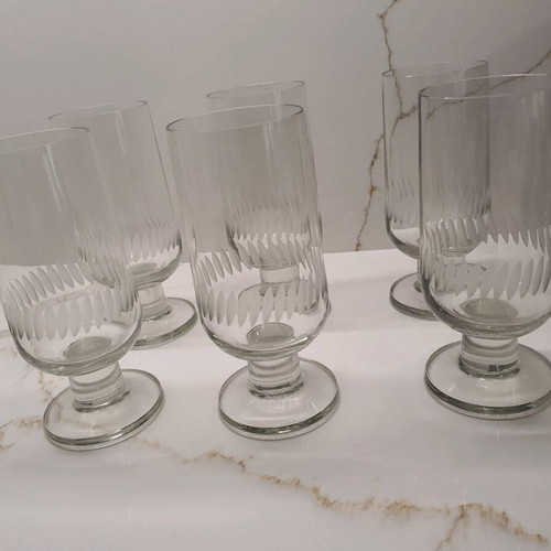 Retro glasses like new, set of 6 with engraved leaf patterns