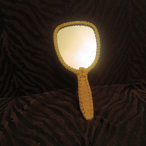 Vintage hand mirror 1960s with fleur-de-lis fabric trim, 29 cm