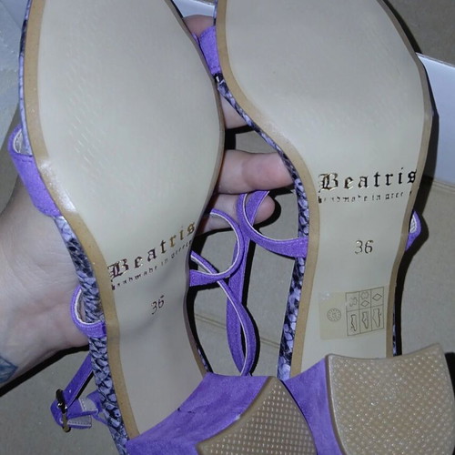 Beatris leather sandals size 36, purple suede with python effect
