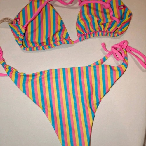Striped multicolored bikini set with triangle top and tie (unworn)