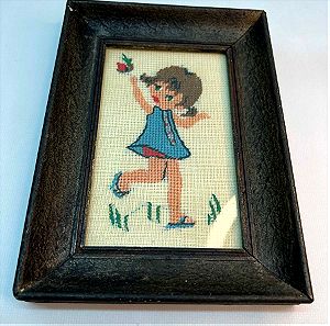 Vintage διακοσμητικός πίνακας με κέντημα κοριτσιού 21x15