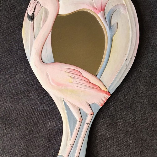 Vintage wooden hand mirror "Flamingo" like new, handmade