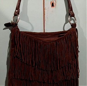 Δερμάτινη 𝐬𝐮𝐞𝐝𝐞 τσάντα χειρός με κρόσσια (καφέ) (Suede handbag with fringes - chocolate brown)
