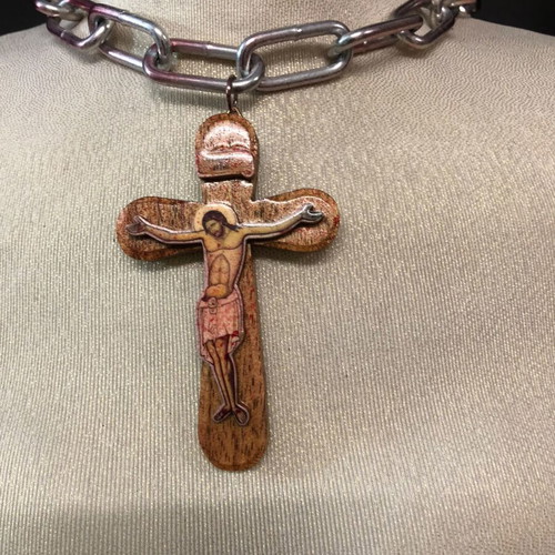 Industrial Blood-Splatter Paperclip Chain with Wooden Icon Crucifix Pendant new