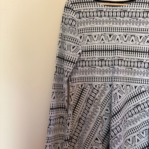Monochrome Geometric Pattern Long Sleeve Y2K Dress, size L