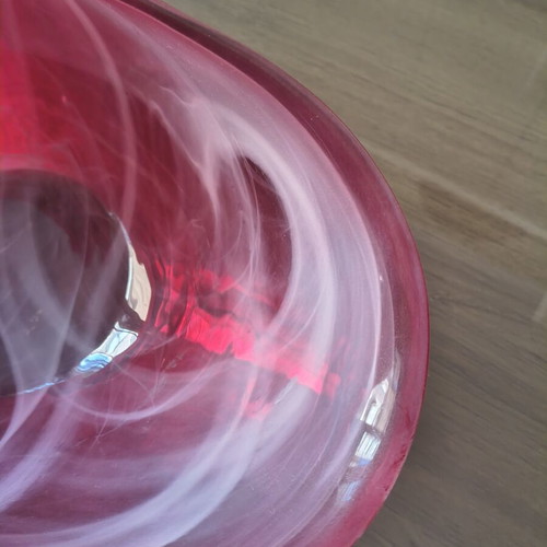 Handmade glass bowl like new with red and white swirl design