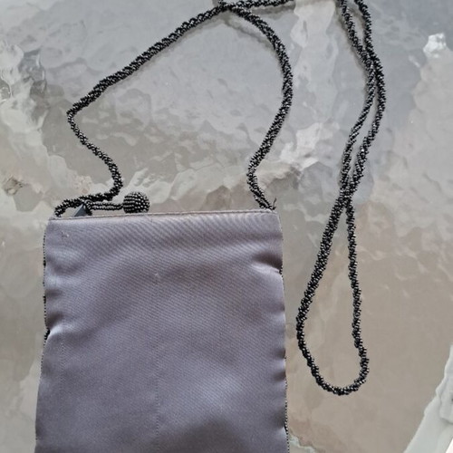 Vintage grey satin evening bag embroidered with beads, 14x15 cm