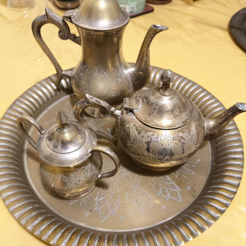 Vintage serving set used, silver plated tray with teapots and sugar bowl