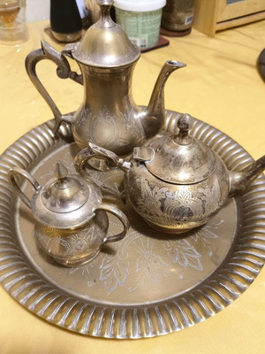 Vintage serving set used, silver plated tray with teapots and sugar bowl