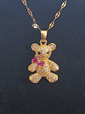 Teddy Bear Necklace with Zirconia and Pink Hearts, Gold Tone