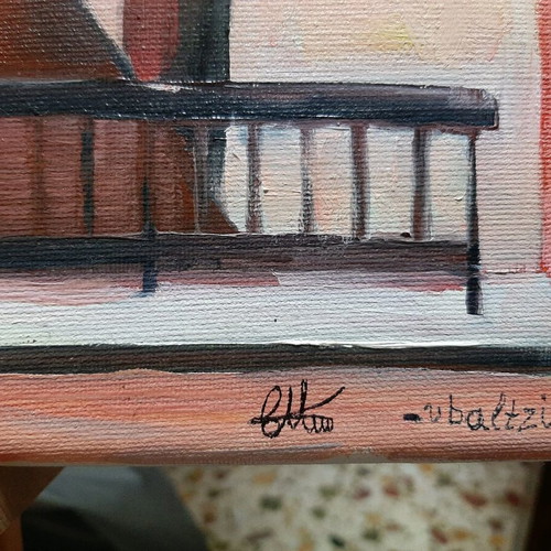 Oil painting new urban landscape on red canvas
