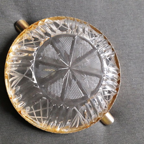 French Art Deco Antique Ashtray 1925 with Hand-Engraved Clear Crystal and Gold Rim like new